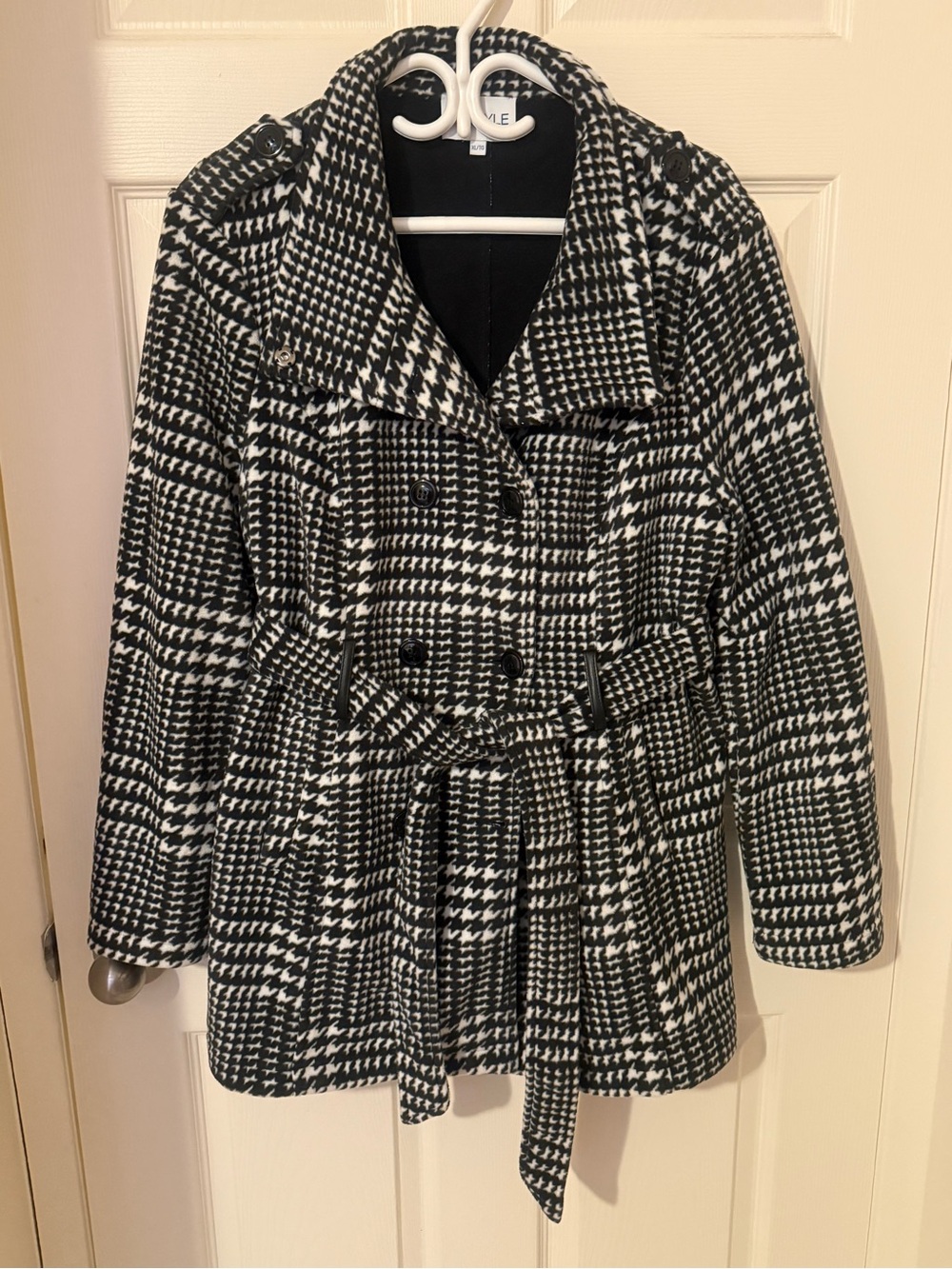 Fleece double breasted belted coat in a black and white houndstooth print